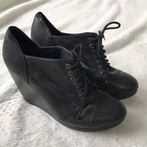 Black Aldo Leather Lace Up Wedge Bootie